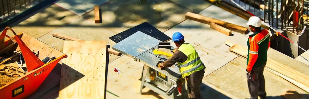 Construction job site with men working