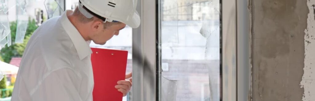 Image of home inspector indoors with hardhat and clipboard