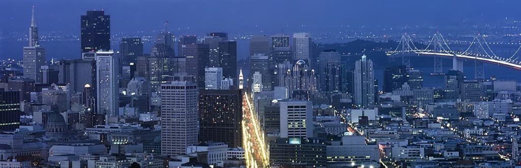 Night view of highway running through San Francisco, California