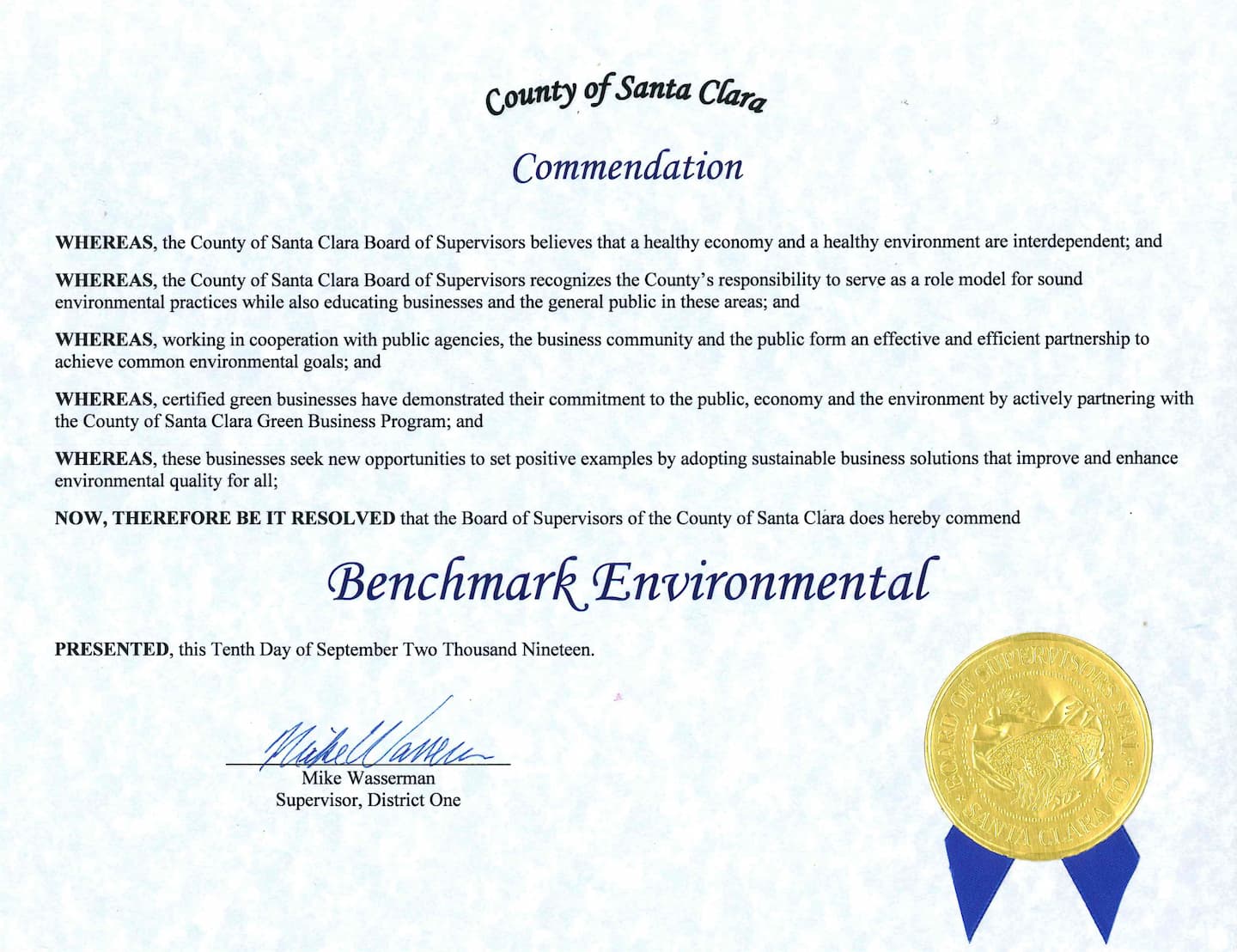 County of Santa Clara Commendation for Benchmark Environmental